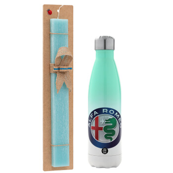 Alfa Romeo, Easter Set, Metallic green/white thermos (Stainless steel), double-walled, 500ml & scented flat Easter candle (30cm) (TURQUOISE)