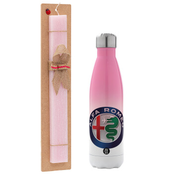 Alfa Romeo, Easter Set, Metallic pink/white (Stainless steel) thermos, double-walled, 500ml & aromatic flat Easter candle (30cm) (PINK)