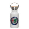 Metallic thermos (Stainless steel) White with wooden lid (bamboo), double-walled, 350ml