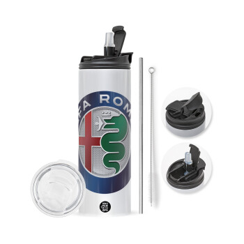 Alfa Romeo, Travel Tumbler 2 Lids, with metal straw & cleaning brush (Stainless steel 304 Food grade, BPA free, 600ml)