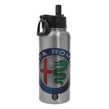 Alfa Romeo, Metal mug thermo Silver with Straw and Spout Lid (Stainless steel), double wall, 950ml