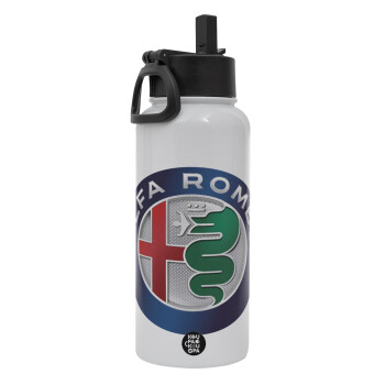 Alfa Romeo, Metal mug thermo White with Straw and Spout Lid (Stainless steel), double wall, 950ml