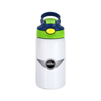 mini cooper, Children's hot water bottle, stainless steel, with safety straw, green, blue (350ml)