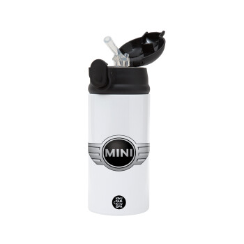 mini cooper, Children's hot water bottle, stainless steel, with safety straw, Black (360ml) BPA-FREE