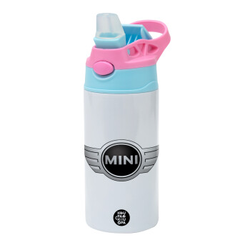 mini cooper, Children's hot water bottle, stainless steel, with safety straw, Pink/BlueCiel (360ml) BPA FREE