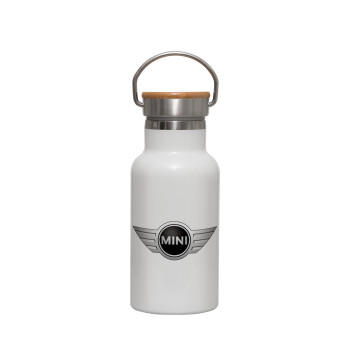 mini cooper, Metallic thermos (Stainless steel) White with wooden lid (bamboo), double-walled, 350ml