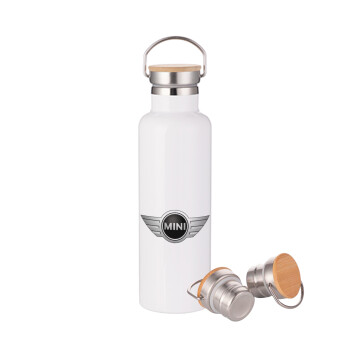 mini cooper, Stainless steel White with wooden lid (bamboo), double wall, 750ml