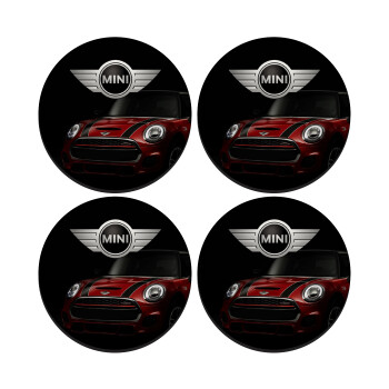 mini cooper, SET of 4 round wooden coasters (9cm)