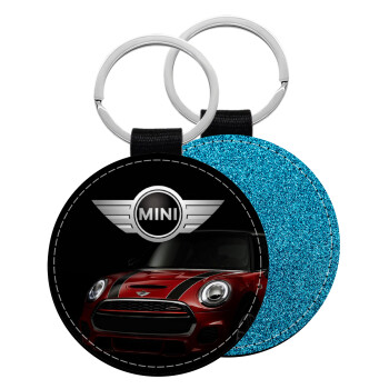 mini cooper, Μπρελόκ Δερματίνη, στρογγυλό ΜΠΛΕ (5cm)