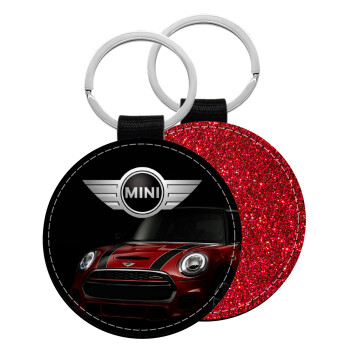 mini cooper, Μπρελόκ Δερματίνη, στρογγυλό ΚΟΚΚΙΝΟ (5cm)