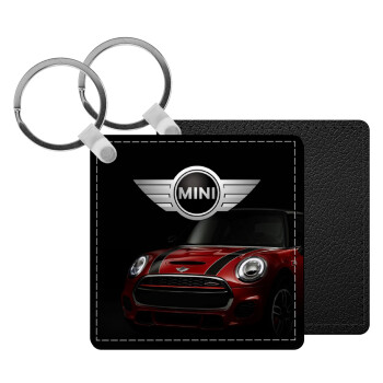 mini cooper, Μπρελόκ Δερματίνη, τετράγωνο ΜΑΥΡΟ (5x5cm)