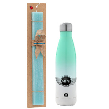 mini cooper, Easter Set, Metallic green/white thermos (Stainless steel), double-walled, 500ml & scented flat Easter candle (30cm) (TURQUOISE)