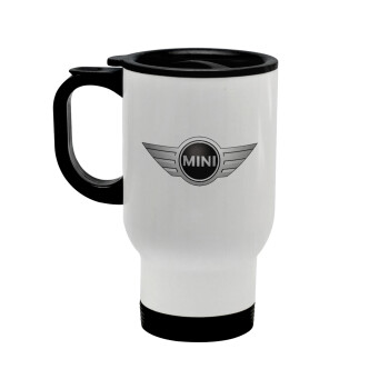 mini cooper, Stainless steel travel mug with lid, double wall white 450ml