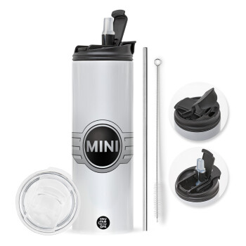 mini cooper, Travel Tumbler θερμό με διπλό καπάκι, μεταλλικό καλαμάκι και βούρτσα καθαρισμού (Ανωξείδωτο 304 Food grade, BPA free, 600ml)