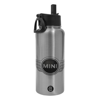 mini cooper, Metal mug thermo Silver with Straw and Spout Lid (Stainless steel), double wall, 950ml