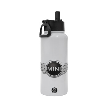 mini cooper, Metal mug thermo White with Straw and Spout Lid (Stainless steel), double wall, 950ml