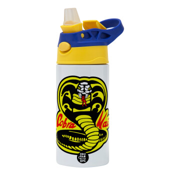 Cobra Kai Yellow, Children's hot water bottle, stainless steel, with safety straw, green, blue (360ml) BPA FREE