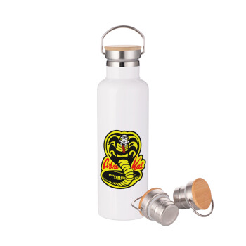 Cobra Kai Yellow, Μεταλλικό παγούρι θερμός (Stainless steel) Λευκό με ξύλινο καπακι (bamboo), διπλού τοιχώματος, 750ml