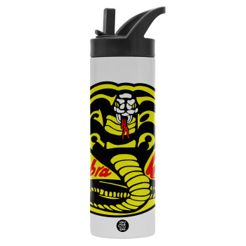 Cobra Kai Yellow, Μεταλλικό παγούρι θερμός με καλαμάκι & χειρολαβή, ανοξείδωτο ατσάλι (Stainless steel 304), διπλού τοιχώματος, 600ml