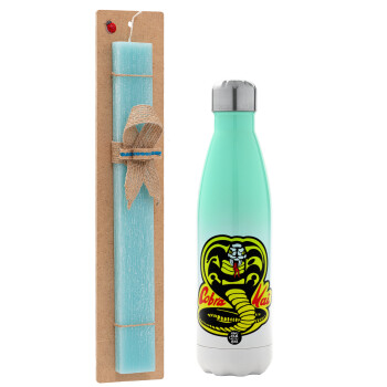 Cobra Kai Yellow, Easter Set, Metallic green/white thermos (Stainless steel), double-walled, 500ml & scented flat Easter candle (30cm) (TURQUOISE)