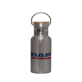 DAF, Stainless steel metallic thermos flask, silver with a bamboo lid, double-walled, 350ml.