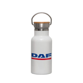 DAF, Μεταλλικό παγούρι θερμός (Stainless steel) Λευκό με ξύλινο καπακι (bamboo), διπλού τοιχώματος, 350ml