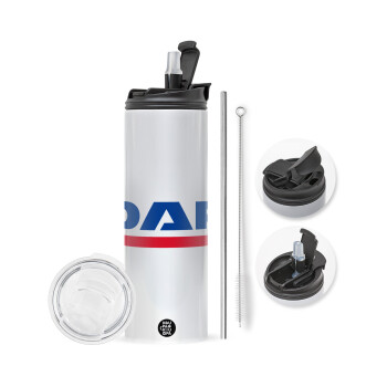 DAF, Travel Tumbler θερμό με διπλό καπάκι, μεταλλικό καλαμάκι και βούρτσα καθαρισμού (Ανωξείδωτο 304 Food grade, BPA free, 600ml)