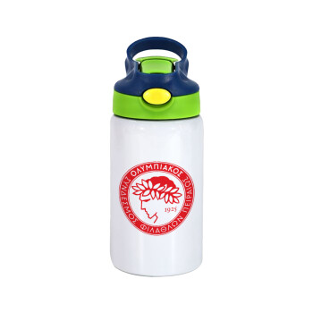 Ολυμπιακός, Children's hot water bottle, stainless steel, with safety straw, green, blue (350ml)