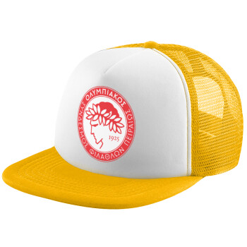 Ολυμπιακός, Adult Soft Trucker Hat with Yellow/White Mesh (POLYESTER, ADULT, UNISEX, ONE SIZE)