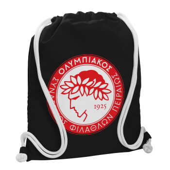 Ολυμπιακός, Τσάντα πλάτης πουγκί GYMBAG Μαύρη, με τσέπη (40x48cm) & χονδρά λευκά κορδόνια