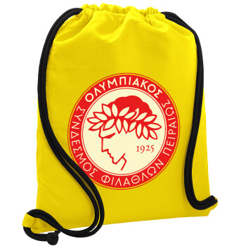 Ολυμπιακός, Τσάντα πλάτης πουγκί GYMBAG Κίτρινη, με τσέπη (40x48cm) & χονδρά κορδόνια