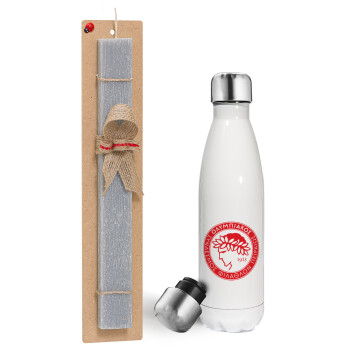 Ολυμπιακός, Easter candle, metallic white thermos bottle (500ml) & aromatic flat candle (30cm) (GRAY)