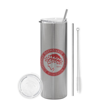 Ολυμπιακός, Eco friendly stainless steel Silver tumbler 600ml, with metal straw & cleaning brush